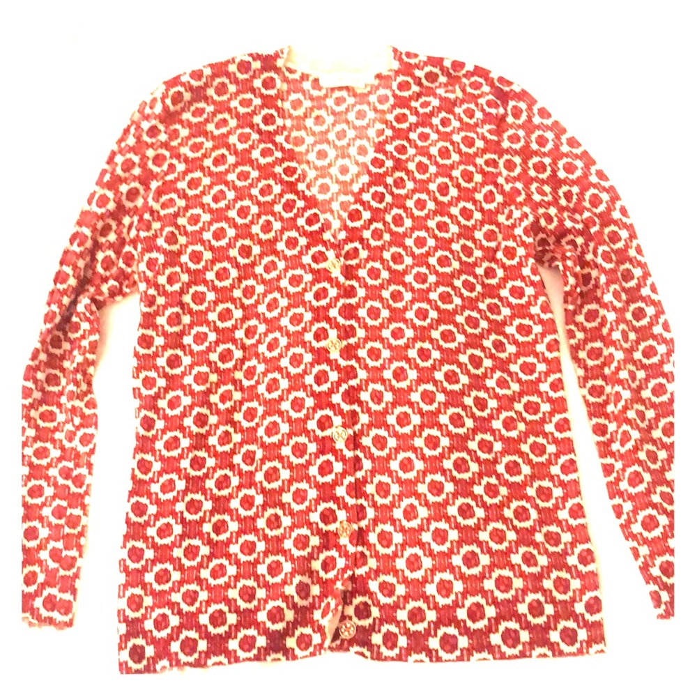 Red patterned Tory Burch cardigan